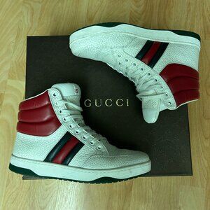 Gucci "NEW PRAGA KARIBU" White Leather High-Top Sneakers with Box